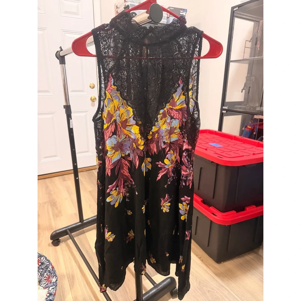 Intimately Free People Floral Lace Mock Neck Mini Dress Sleeveless Black Small